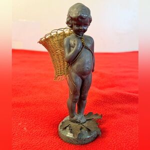 Petites Choses Young Girl Pewter Art Nouveau 7.5” W/Basket Leaves On Marble Base